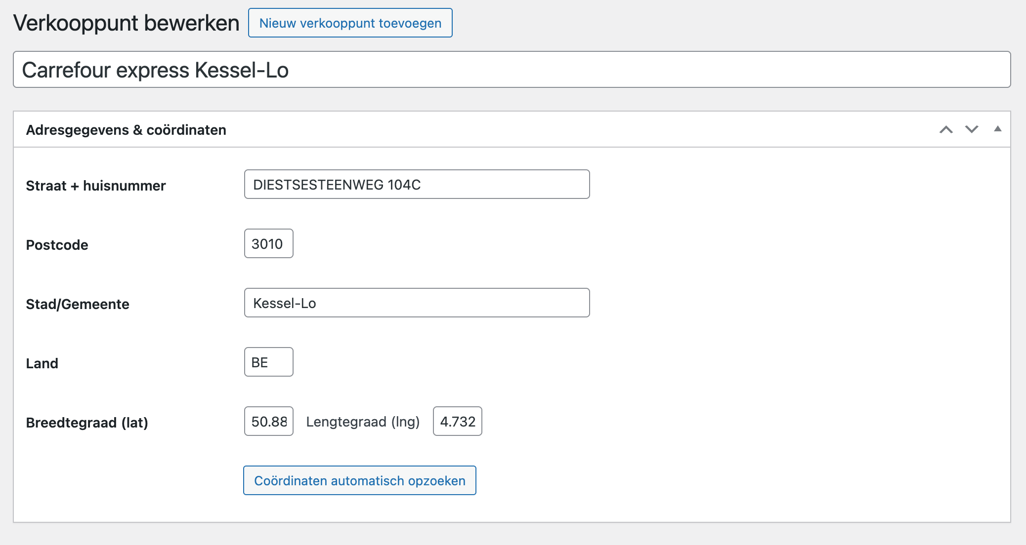 WordPress backend: een verkooppunt bewerken met automatische geocodering