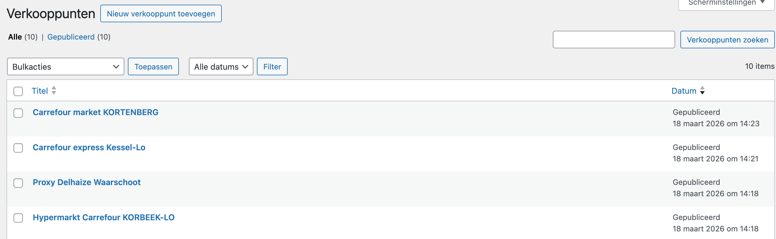 WordPress backend: lijst van verkooppunten in het admin-paneel